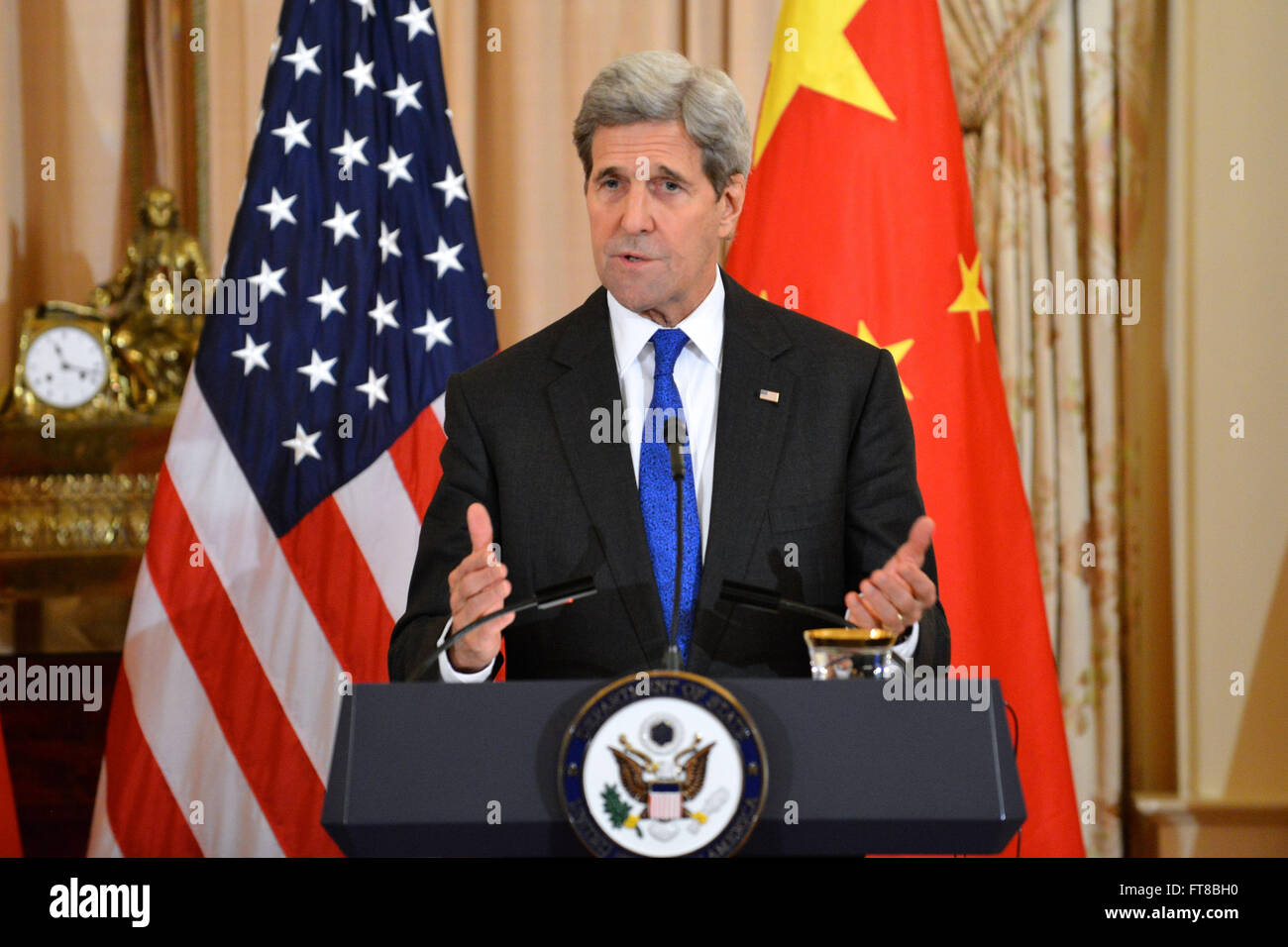 U.S. Secretary of State John Kerry addresses reporters during his joint news conference with Chinese Foreign Minister Wang Yi at the U.S. Department of State in Washington, D.C., on February 23, 2016. [State Department photo/ Public Domain] Stock Photo
