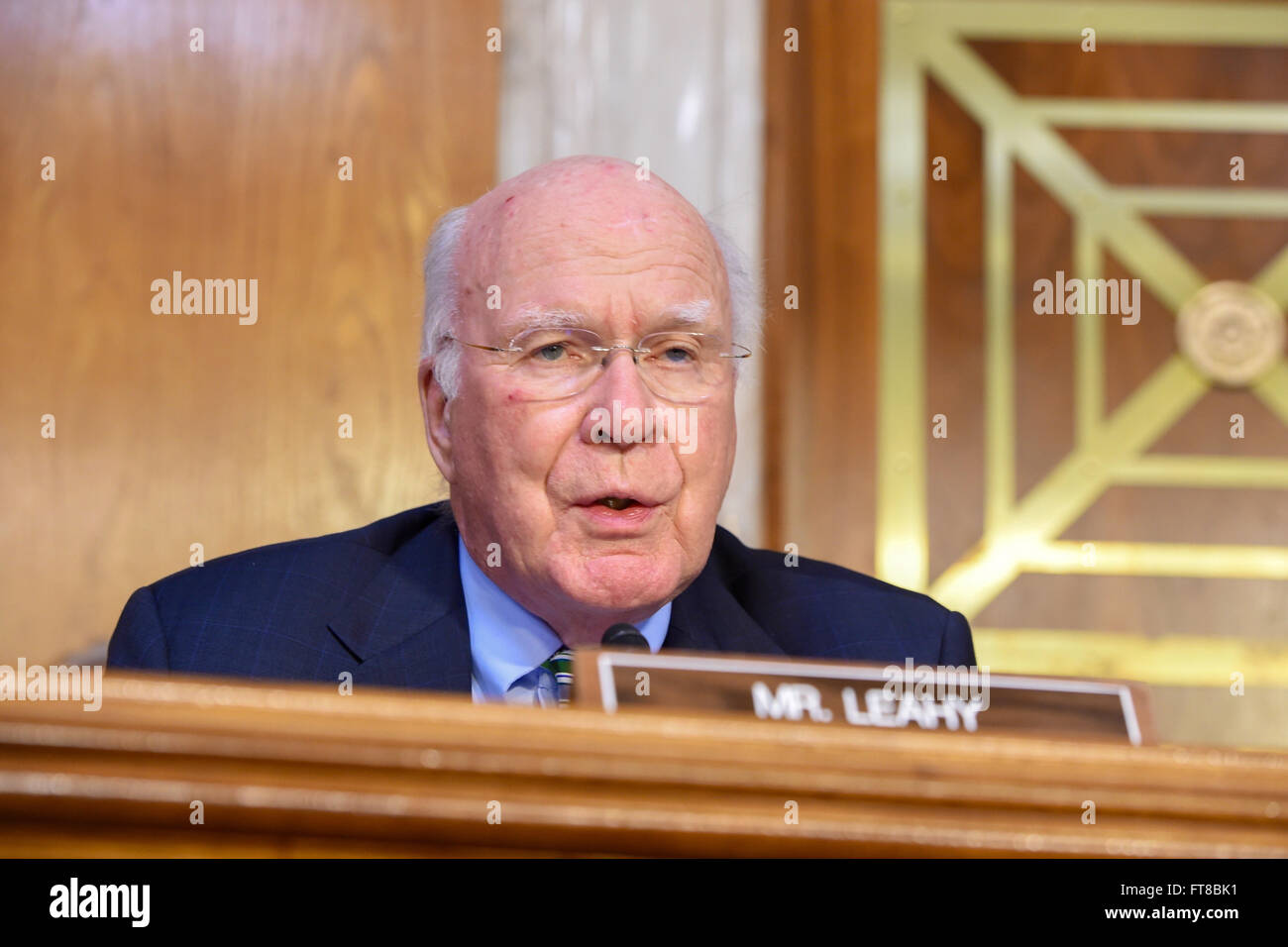 U.S. Senator Patrick Leahy of Vermont addresses U.S Secretary of State John Kerry on February 24, 2016, as he prepares to testify before the Senate Appropriations Committee on Foreign Operations on Capitol Hill in Washington, D.C. [State Department photo/ Public Domain] Stock Photo
