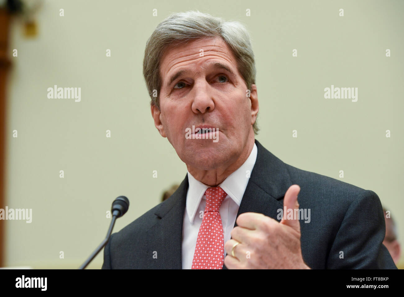 U.S. Secretary of State John Kerry delivers his opening remarks before the House Foreign Affairs Committee on February 25, 2016, on Capitol Hill in Washington, D.C., as he testified about the Obama Administration's 2017 federal budget proposal. [State Department photo/ Public Domain] Stock Photo