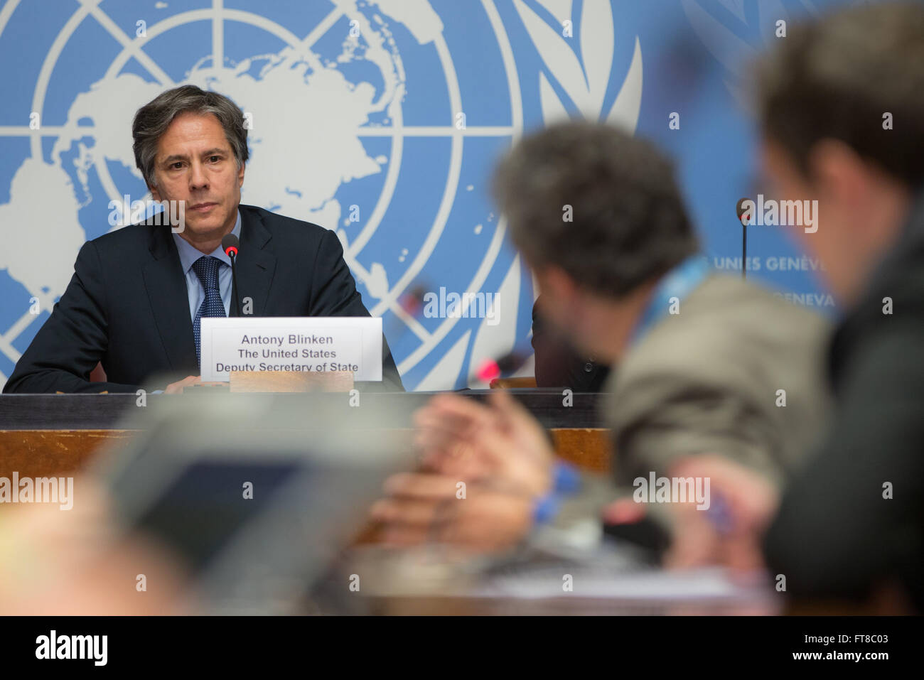 Deputy Secretary of State Antony &quot;Tony&quot; Blinken addresses reporters after delivering remarks at the 31st session of the United Nations Human Rights Council in Geneva, Switzerland, on March 2, 2016. [State Department photo/ Public Domain] Stock Photo