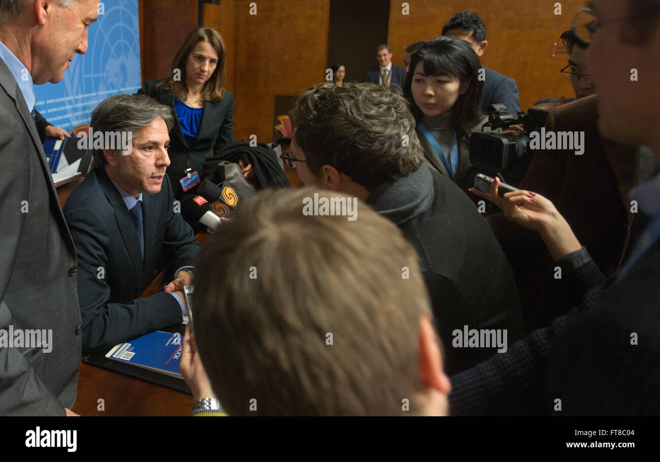 With Assistant Secretary for International Organization Affairs Sheba Crocker looking on, Deputy Secretary of State Antony &quot;Tony&quot; Blinken addresses reporters after delivering remarks at the 31st session of the United Nations Human Rights Council in Geneva, Switzerland, on March 2, 2016. [State Department photo/ Public Domain] Stock Photo