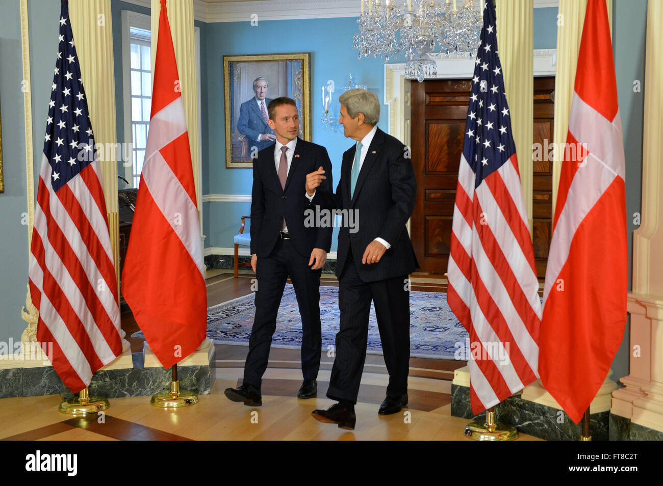 U.S. Secretary of State John Kerry and Danish Foreign Minister Kristian Jensen chat before they addressed reporters at the U.S. Department of State in Washington, D.C., on March 9, 2016. [State Department photo/ Public Domain] Stock Photo