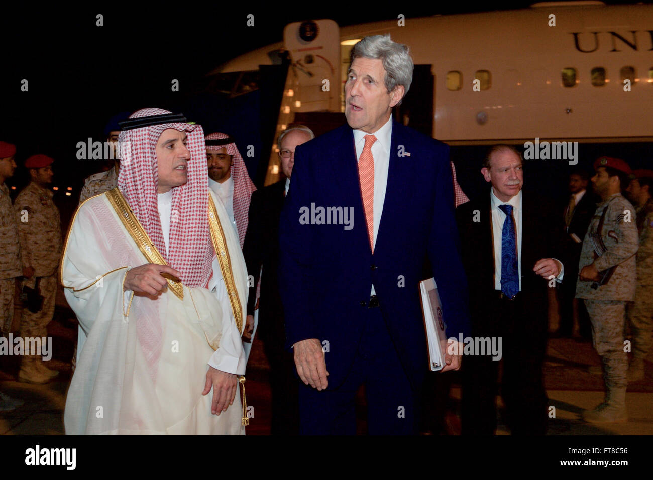 U.S. Secretary of State John Kerry walks with Saudi Arabian Foreign Minister Adel al-Jubeir after arriving on March 11, 2016, at King Khalid Military City outside Hafr al-Batin, Saudi Arabia, for meetings with King Salman, other Saudi leaders, and United Arab Emirates Foreign Minister Abdullah bin Zayed. [State Department photo/ Public Domain] Stock Photo