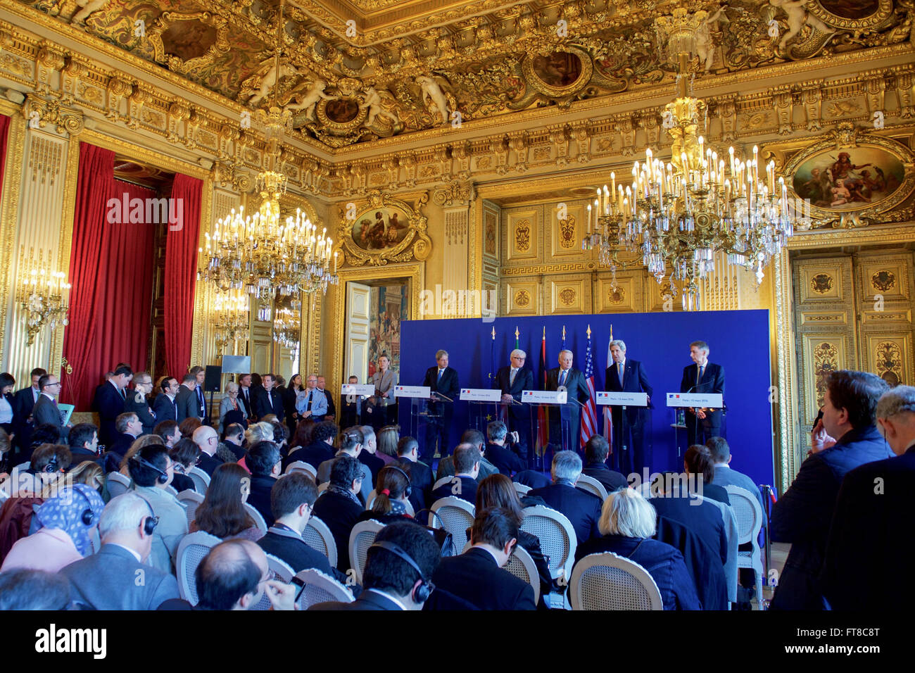 U.S. Secretary of State John Kerry addresses reporters on March 13, 2015, at the Quai d'Orsay in Paris, France, after he and his counterparts held an E4+1 meeting - including representatives of France, Germany, Italy, the United Kingdom, and European Union - focused on Syria, Libya, Yemen, Ukraine, and other foreign policy matters. [State Department Photo/Public Domain] Stock Photo