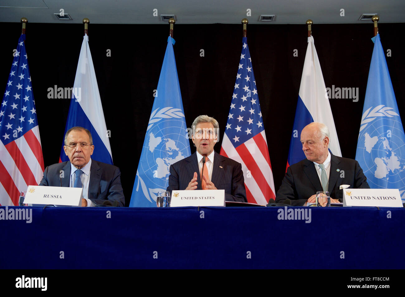 U.S. Secretary of State John Kerry, joined by Russian Foreign Minister Sergey Lavrov and United Nations Special Envoy for Syria Staffan de Mistura, addresses the media on February 12, 2016, at the Hilton Hotel join Munich, Germany, following a meeting of the International Syria Support Group. [State Department photo/ Public Domain] Stock Photo