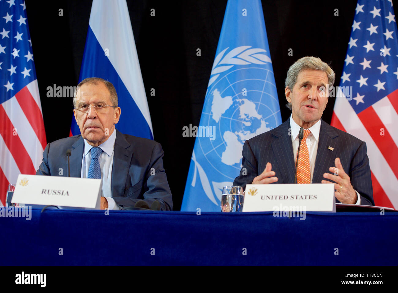 U.S. Secretary of State John Kerry, joined by Russian Foreign Minister Sergey Lavrov, addresses the media on February 12, 2016, at the Hilton Hotel join Munich, Germany, following a meeting of the International Syria Support Group. [State Department photo/ Public Domain] Stock Photo
