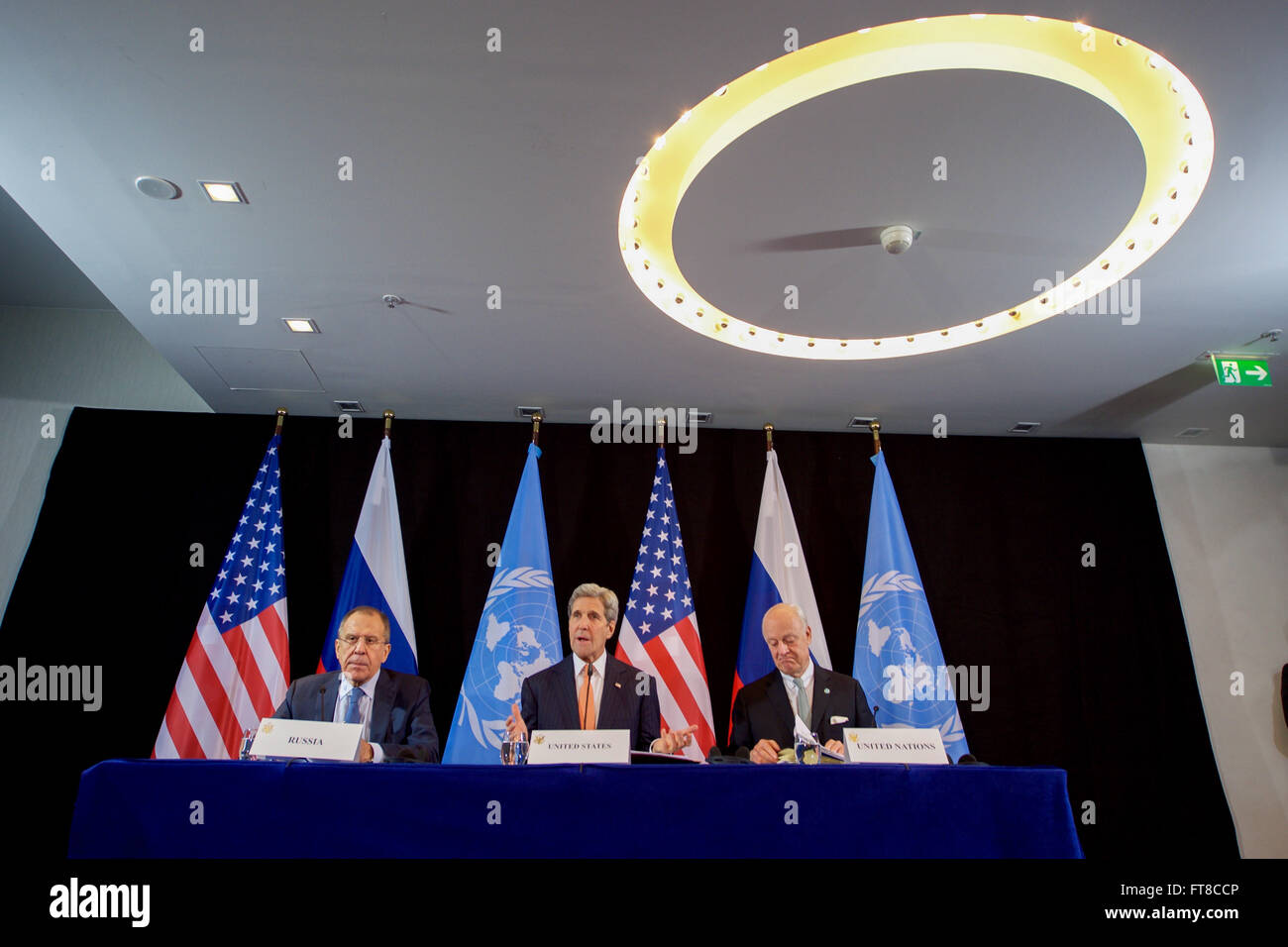 U.S. Secretary of State John Kerry, joined by Russian Foreign Minister Sergey Lavrov and United Nations Special Envoy for Syria Staffan de Mistura, addresses the media on February 12, 2016, at the Hilton Hotel join Munich, Germany, following a meeting of the International Syria Support Group. [State Department photo/ Public Domain] Stock Photo