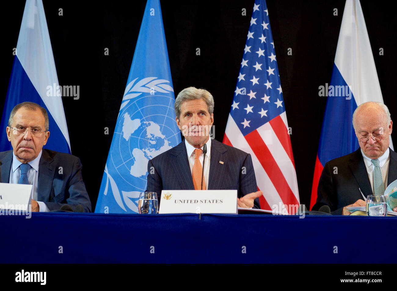 U.S. Secretary of State John Kerry, joined by Russian Foreign Minister Sergey Lavrov and United Nations Special Envoy for Syria Staffan de Mistura, addresses the media on February 12, 2016, at the Hilton Hotel join Munich, Germany, following a meeting of the International Syria Support Group. [State Department photo/ Public Domain] Stock Photo