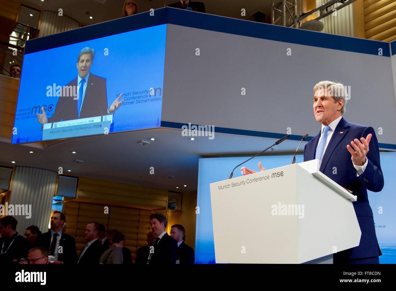 U.S. Secretary of State John Kerry addresses the Munich Security Conference on February 13, 2016, at the Bayerischer Hof Hotel in Munich, Germany. [State Department photo/ Public Domain] Stock Photo