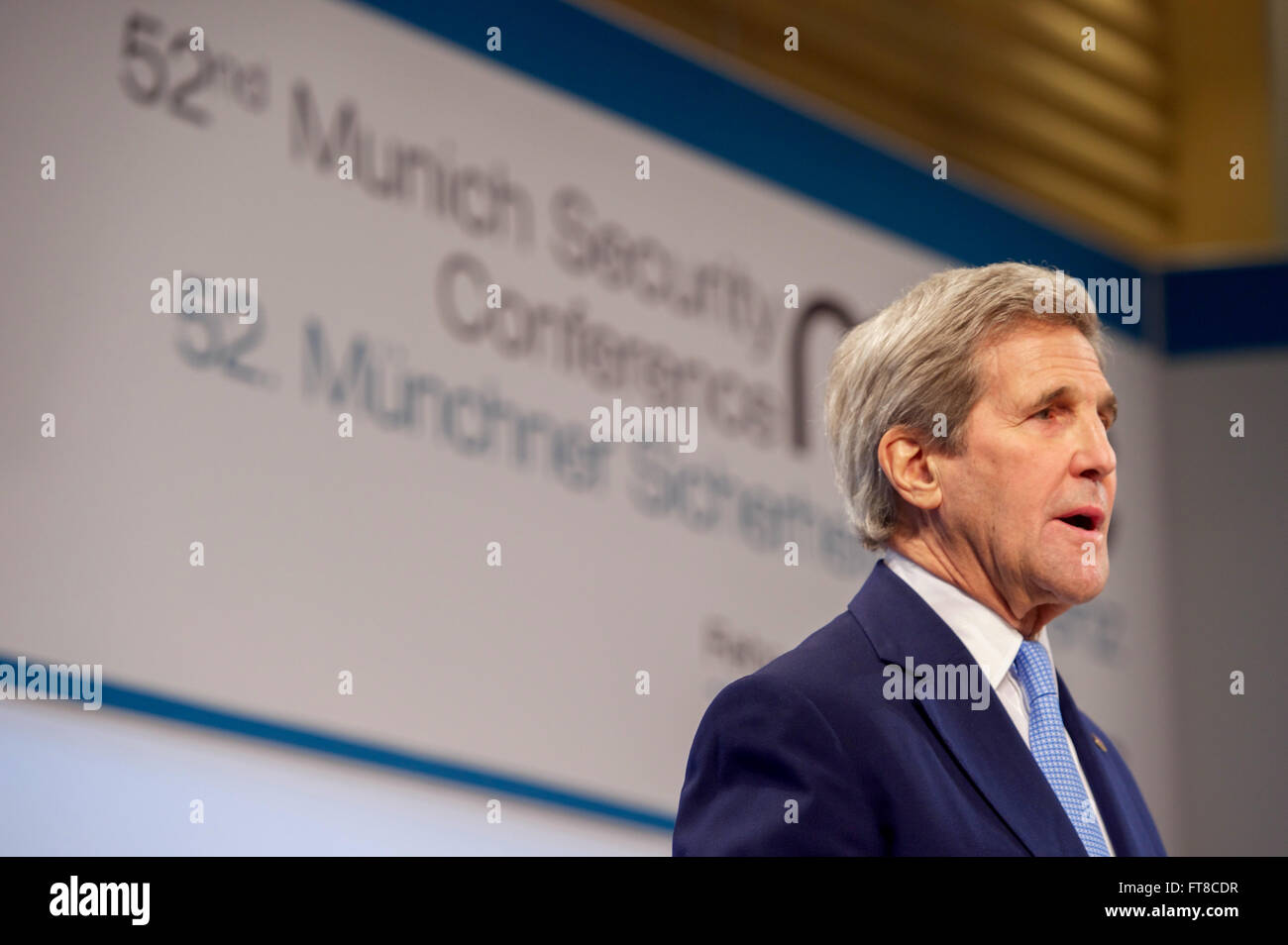 U.S. Secretary of State John Kerry addresses the Munich Security Conference on February 13, 2016, at the Bayerischer Hof Hotel in Munich, Germany. [State Department photo/ Public Domain] Stock Photo