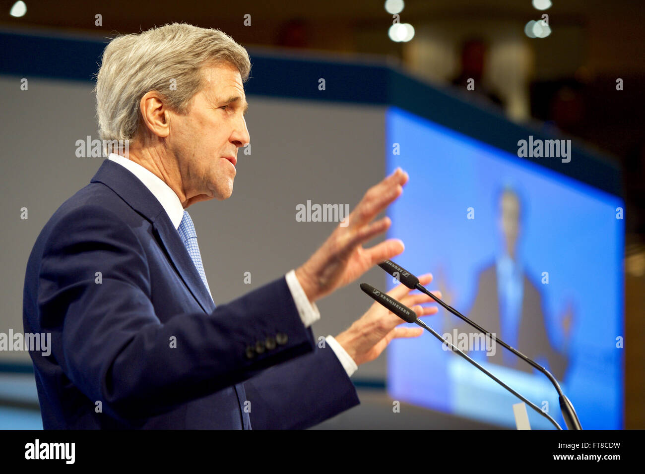 U.S. Secretary of State John Kerry addresses the Munich Security Conference on February 13, 2016, at the Bayerischer Hof Hotel in Munich, Germany. [State Department photo/ Public Domain] Stock Photo