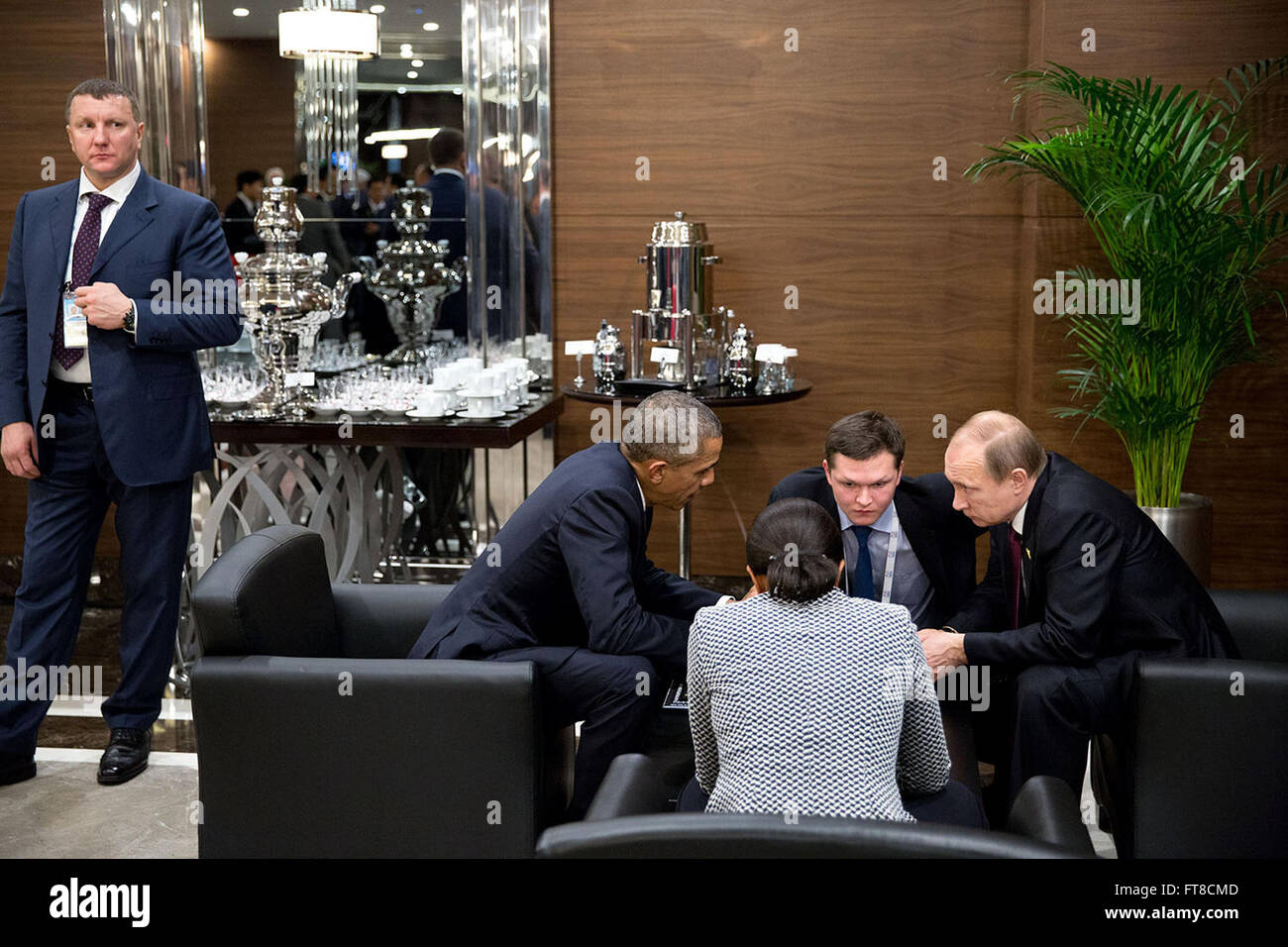 Nov. 15, 2015 'With a Russian security guard at left, the President meets with President Putin of Russia on the sidelines of the G20 Summit in Antalya, Turkey. National Security Advisor Susan E. Rice and a Russian interpreter sit alongside the two leaders.' (Official White House Photo by Pete Souza) Stock Photo