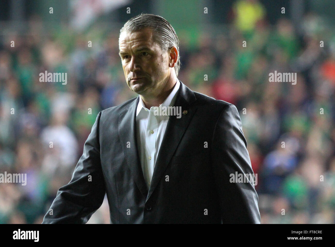 07 Sept 2015 - Euro 2016 Qualifier - Group F - Northern Ireland 1 Hungary 1. Hungary's manager Bernd Storck reflects on the draw as he leaves the pitch. Stock Photo