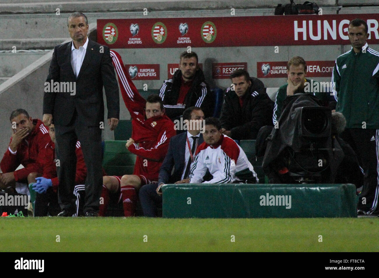 07 Sept 2015 - Euro 2016 Qualifier - Group F - Northern Ireland 1 Hungary 1. Hungary's manager Bernd Storck (left) watches his team in action. Stock Photo