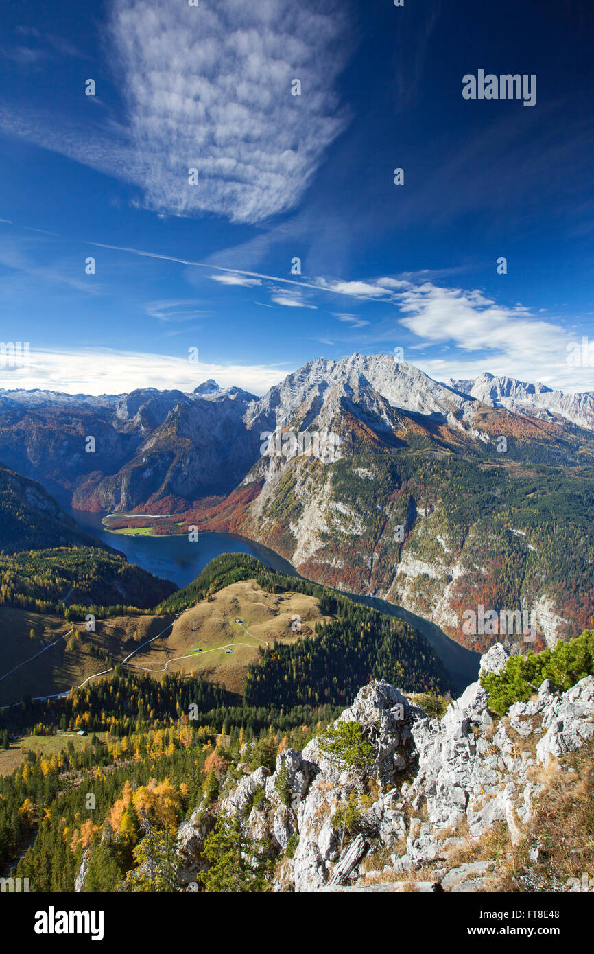 Aerial view over lake Königssee and the Watzmann massif from the mountain Jenner in autumn, Berchtesgaden NP, Bavaria, Germany Stock Photo