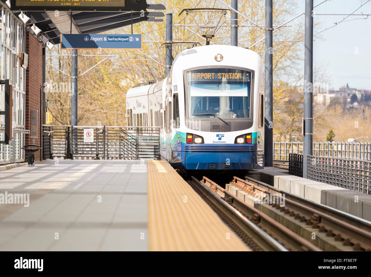 Sound Transit LINK light rail electric train at the Mount Baker train station platform, Seattle, Washington, United States. Stock Photo