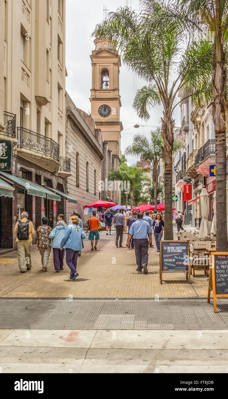 SARANDI, MONTIVIDEO, URUGUAY - CIRCA DECEMBER 2015. A pedestrian only street leading to Constitution Plaza. The Montevideo Metro Stock Photo