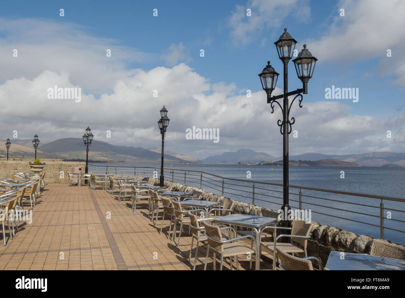 Duck Bay Marina outdoor seating terrace Loch Lomond, Scotland, UK Stock