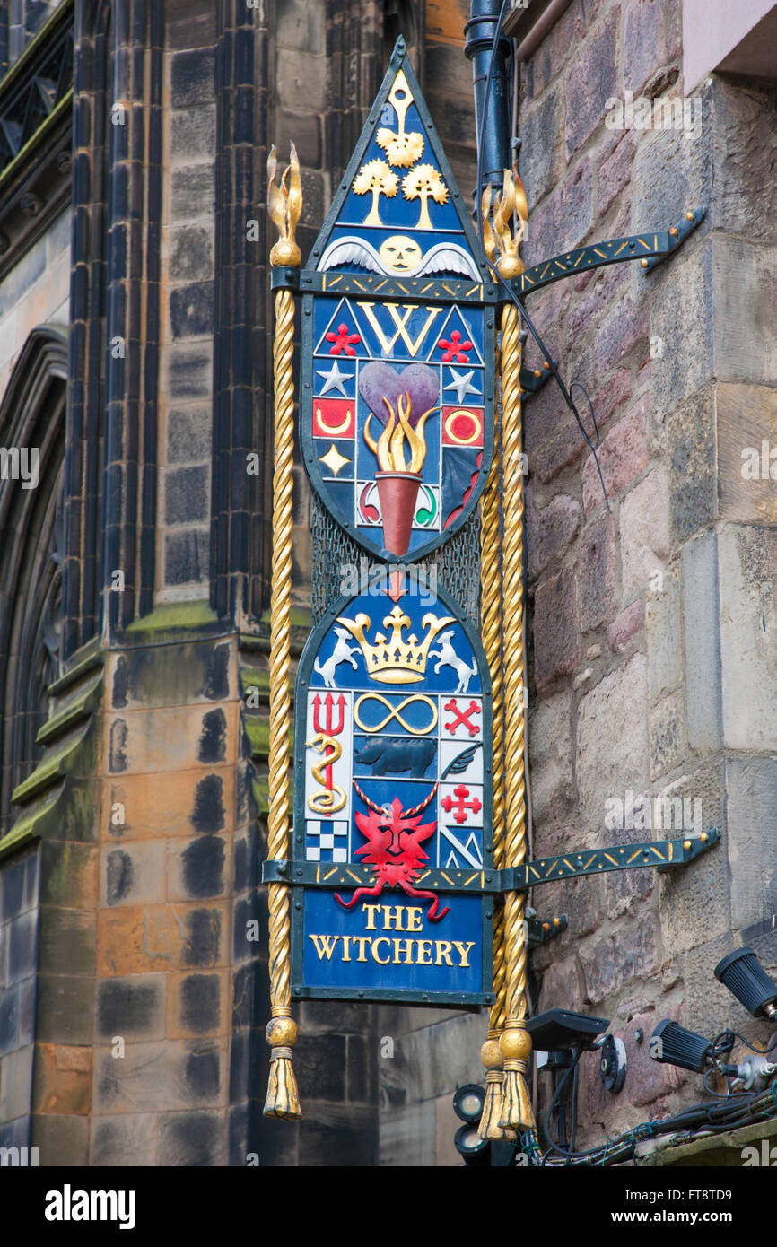 Edinburgh, City of Edinburgh, Scotland. Colourful sign outside the Witchery restaurant, one of the city's most famous landmarks. Stock Photo