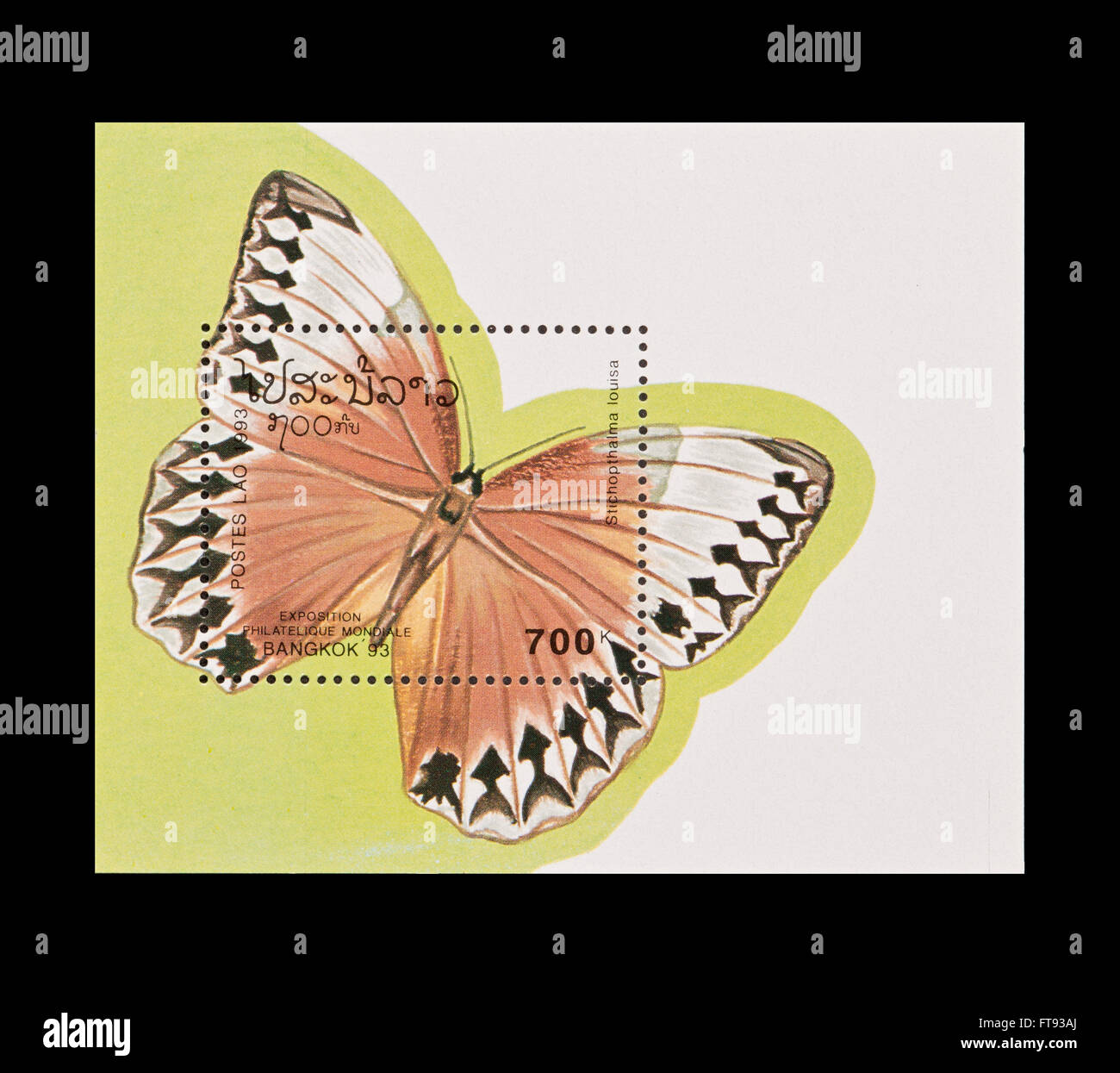 Souvenir sheet from Laos depicting a tropical butterfly (Stichophthalma louisa) Stock Photo