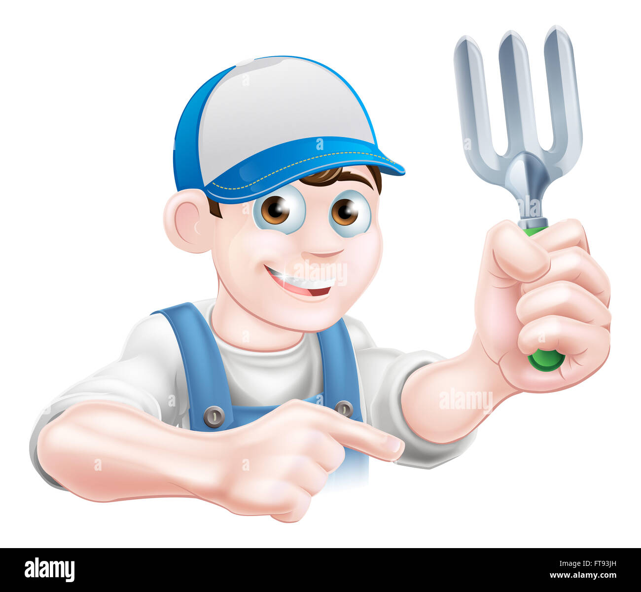 A cartoon gardener character in a cap and blue dungarees holding a garden fork tool and pointing Stock Photo