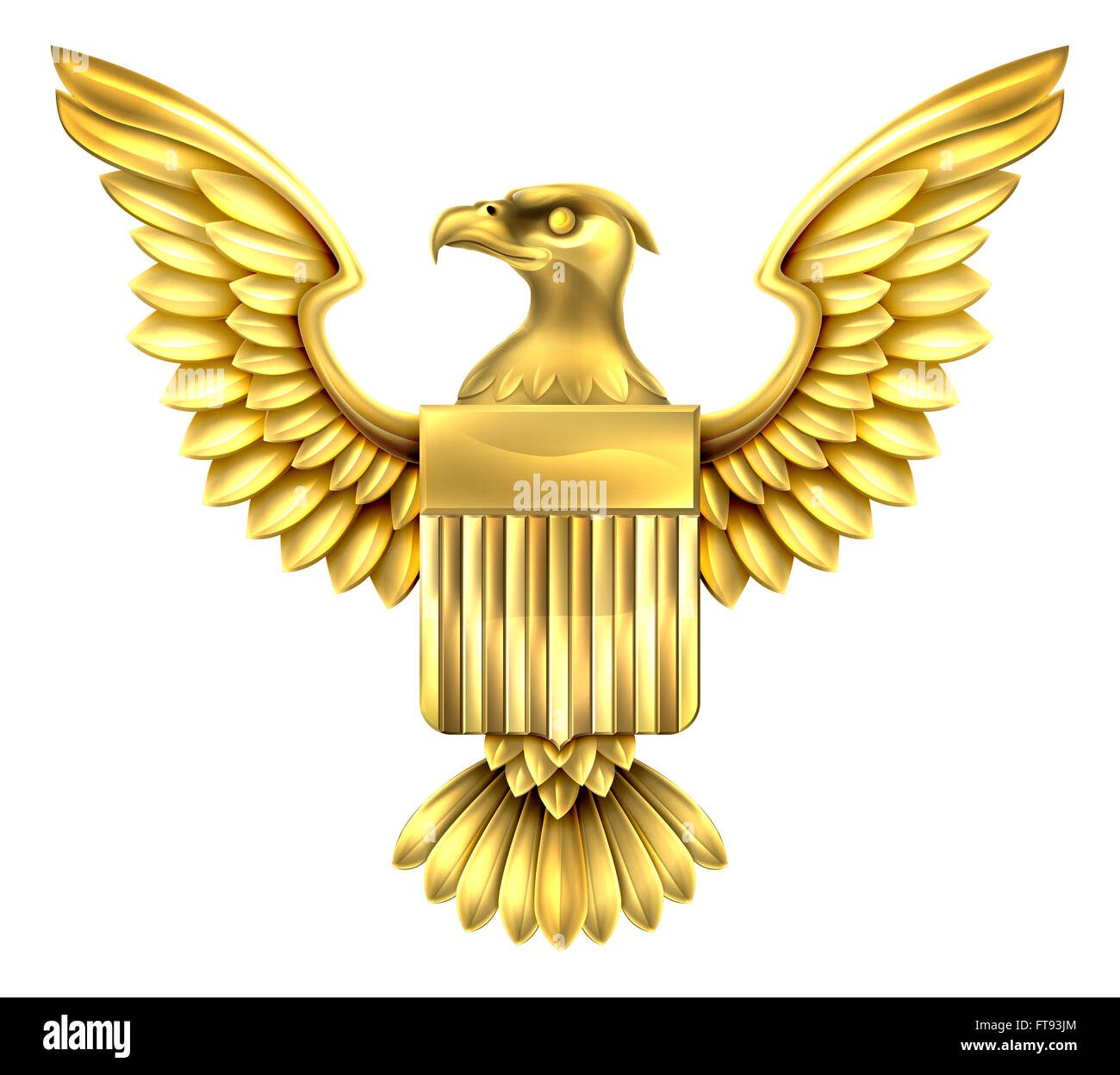 Gold golden metal American Eagle Design with bald eagle of the United States with American flag shield Stock Photo
