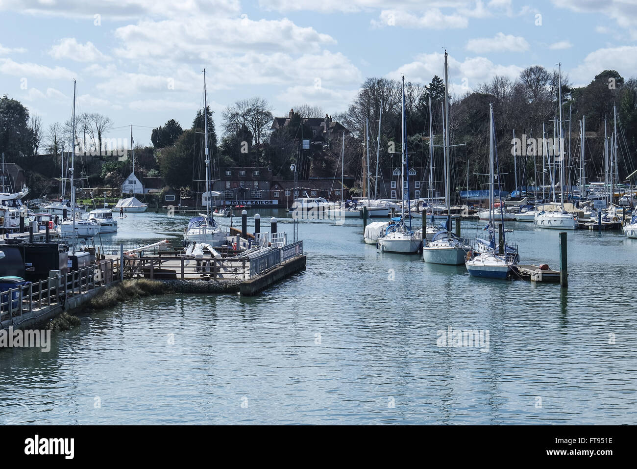 View of the river Hamble from Bursledon Bridge with a view of the Jolly Sailor Bursledon Stock Photo