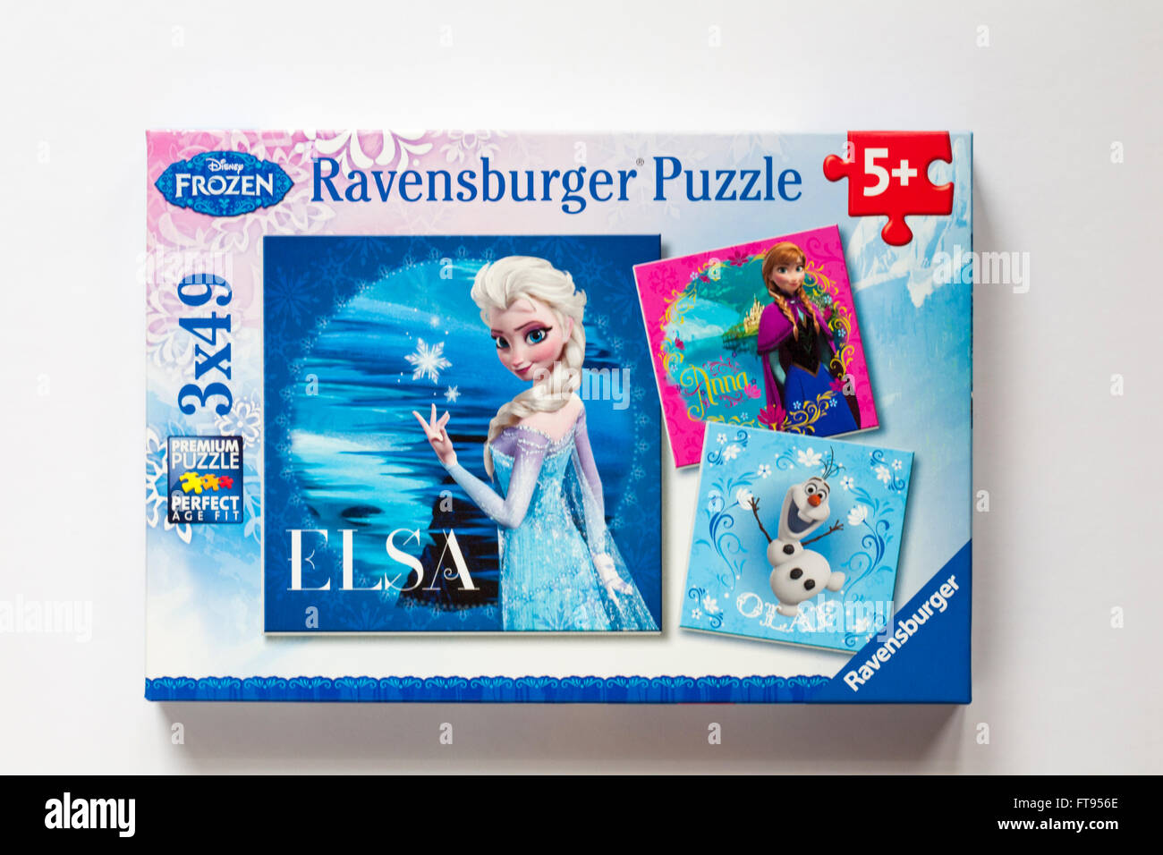Disney Frozen Ravensburger Puzzle jigsaw puzzle with three separate puzzles  of Elsa, Anna and Olaf isolated on white background Stock Photo - Alamy
