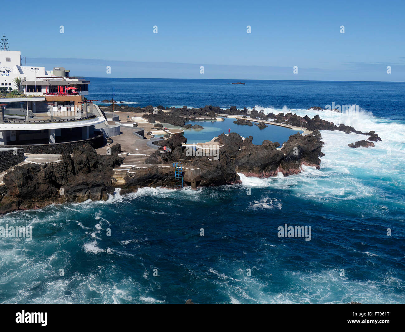 Porto Moniz, natural volcanic swimming pools on beach amongst rocks, Madeira, March 2016 Stock Photo