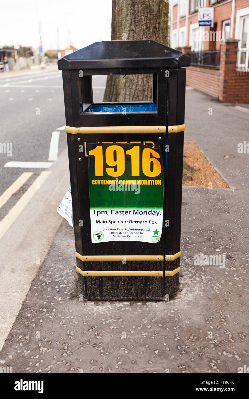 West Belfast, Ireland. 25th March, 2016.  A Litterbin with a 1916 Centenary Commemoration during the Preparation to Commemorate the 100th Anniversary of the Easter Rising Credit:  Bonzo/Alamy Live News Stock Photo