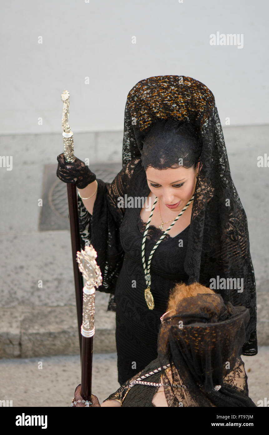 Mijas, Andalusia, Spain. 25 march 2016. Good Friday procession in Andalusian white village of Mijas, women dressed in traditional 'mantilla black veils'. Malaga Province. Credit:  Perry van Munster/ Alamy Live News Stock Photo