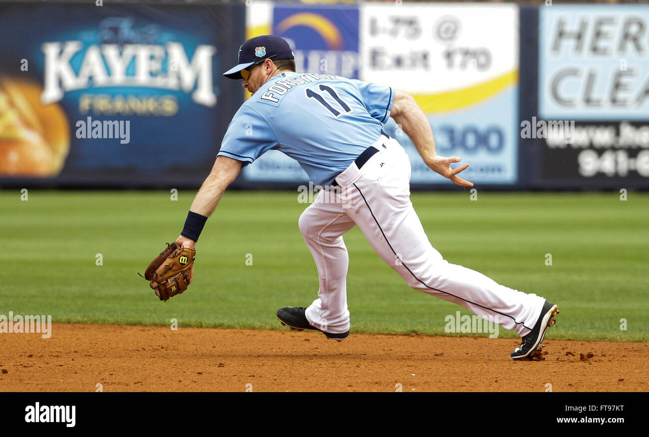 Port Charlotte, Florida, USA. 25th Mar, 2016. WILL VRAGOVIC | Times.Tampa Bay Rays second baseman Logan Forsythe (11) collects the grounder by Minnesota Twins James Beresford (30) in the third inning of the game between the Tampa Bay Rays and the Minnesota Twins in Charlotte Sports Park in Port Charlotte, Fla. on Friday, March 25, 2016. © Will Vragovic/Tampa Bay Times/ZUMA Wire/Alamy Live News Stock Photo