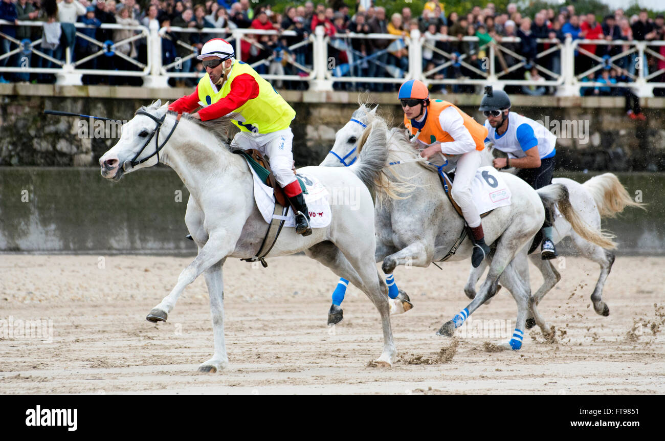 Ribadesella, Spain. 25th March, 2016. Luis Hermido Martinez with 'Xas', Raul Fragueiro with 'Lach Corcel' and David Blanco with 'Califa' during the second race of horse race at Sta. Marina Beach on March 25, 2016 in Ribadesella, Spain. Credit:  David Gato/Alamy Live News Stock Photo