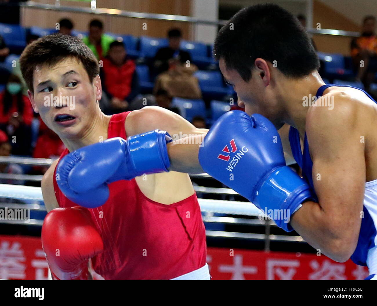 Qian'an, China's Hebei Province. 26th Mar, 2016. Enkh-Amar Kharkhuu(L) of Mongolia competes with Jan Chun-Hsien of Chinese Taipei during their men's 52kg category of Asia/Oceania Zone boxing event qualifier for 2016 Rio Olympic Games in Qian'an, north China's Hebei Province, March 26, 2016. Enkh-Amar Kharkhuu won the match 3-0. Credit:  Yang Shiyao/Xinhua/Alamy Live News Stock Photo