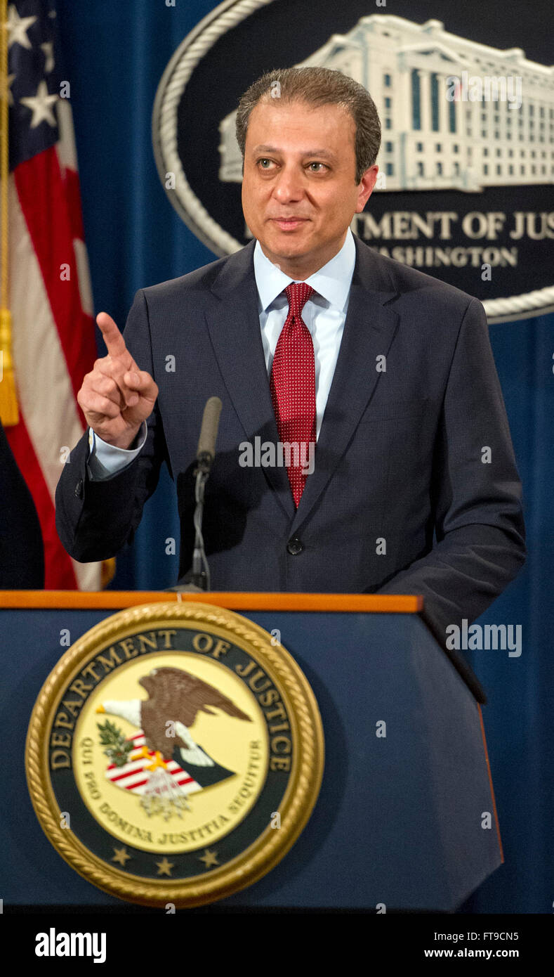 United States Attorney Preet Bharara of the Southern District of New York makes opening remarks at a press conference at the Department of Justice in Washington, DC on Thursday, March 24, 2016. They announced criminal charges against seven individuals working on behalf of the Iranian government for conducting cyber attacks against the US financial sector and the Bowman Dam in Rye, NY. Credit: Ron Sachs/CNP (RESTRICTION: NO New York or New Jersey Newspapers or newspapers within a 75 mile radius of New York City) - NO WIRE SERVICE - Stock Photo