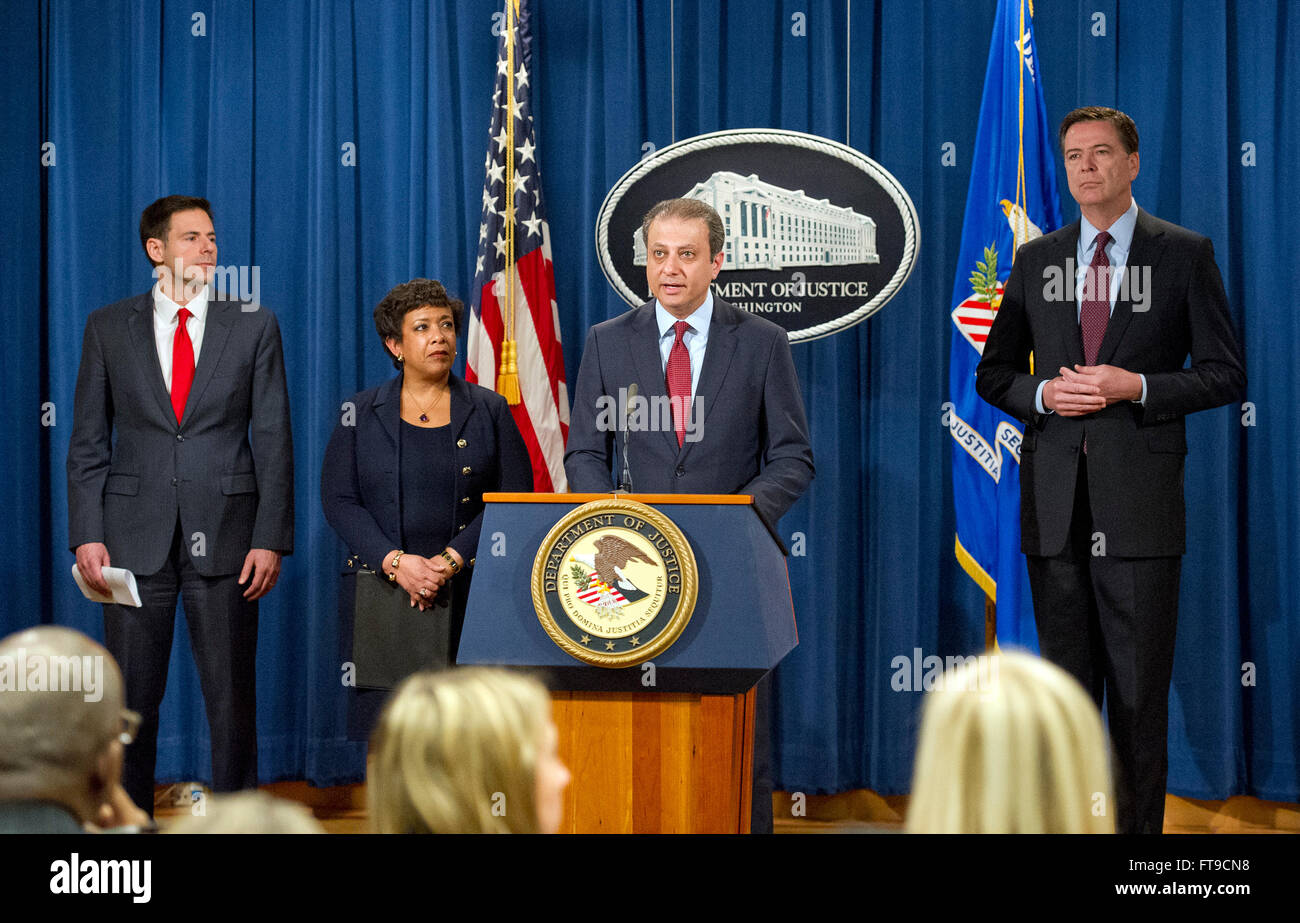 United States Attorney Preet Bharara of the Southern District of New York makes opening remarks at a press conference at the Department of Justice in Washington, DC on Thursday, March 24, 2016. They announced criminal charges against seven individuals working on behalf of the Iranian government for conducting cyber attacks against the US financial sector and the Bowman Dam in Rye, NY. From left to right: Assistant Attorney General for National Security John Carlin; US Attorney General Loretta Lynch; US Attorney Bharara; and FBI Director James Comey. Credit: Ron Sachs/CNP (RESTRICTION: NO New Stock Photo