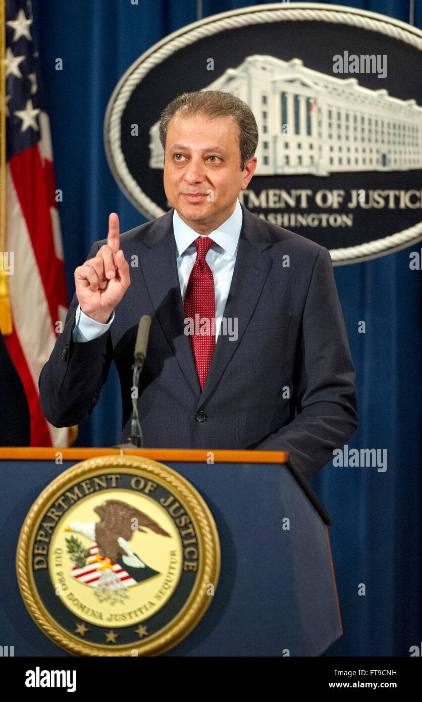 United States Attorney Preet Bharara of the Southern District of New York makes opening remarks at a press conference at the Department of Justice in Washington, DC on Thursday, March 24, 2016. They announced criminal charges against seven individuals working on behalf of the Iranian government for conducting cyber attacks against the US financial sector and the Bowman Dam in Rye, NY. Credit: Ron Sachs/CNP (RESTRICTION: NO New York or New Jersey Newspapers or newspapers within a 75 mile radius of New York City) - NO WIRE SERVICE - Stock Photo