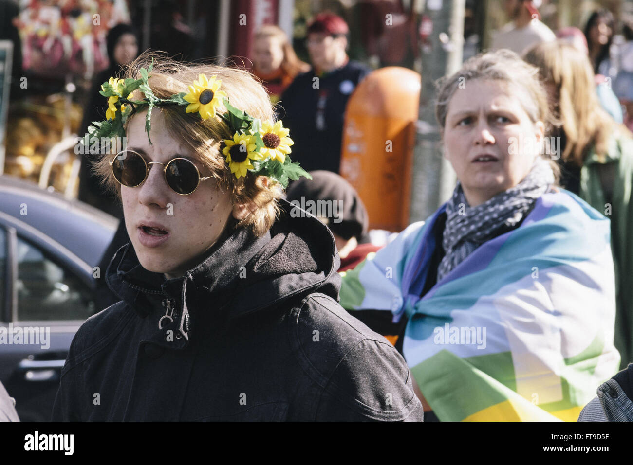Berlin, Germany. 26th March, 2016. Protesters during the annual Easter March in Berlin held under the slogan 'War is terror!'. The annual rally is mainly organized by pacifists, anti-militarist-groups and the german peace movement. Credit:  Jan Scheunert/ZUMA Wire/Alamy Live News Stock Photo