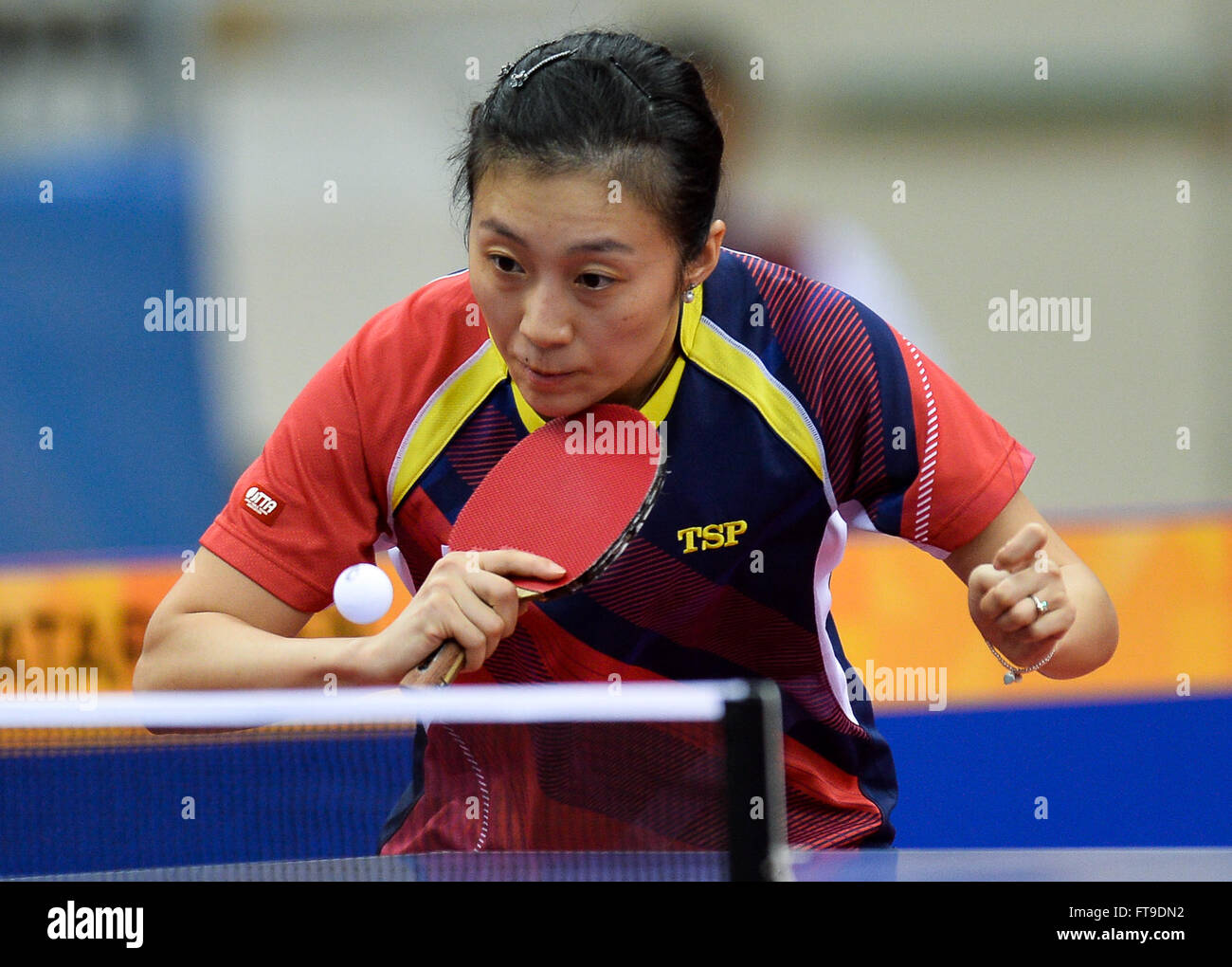 Doha, Qatar. 26th Mar, 2016. Han Ying of Germany competes during the second  round of women's singles against Seo Hyowon of South Korea at the 2016 ITTF  World Tour Qatar Open table