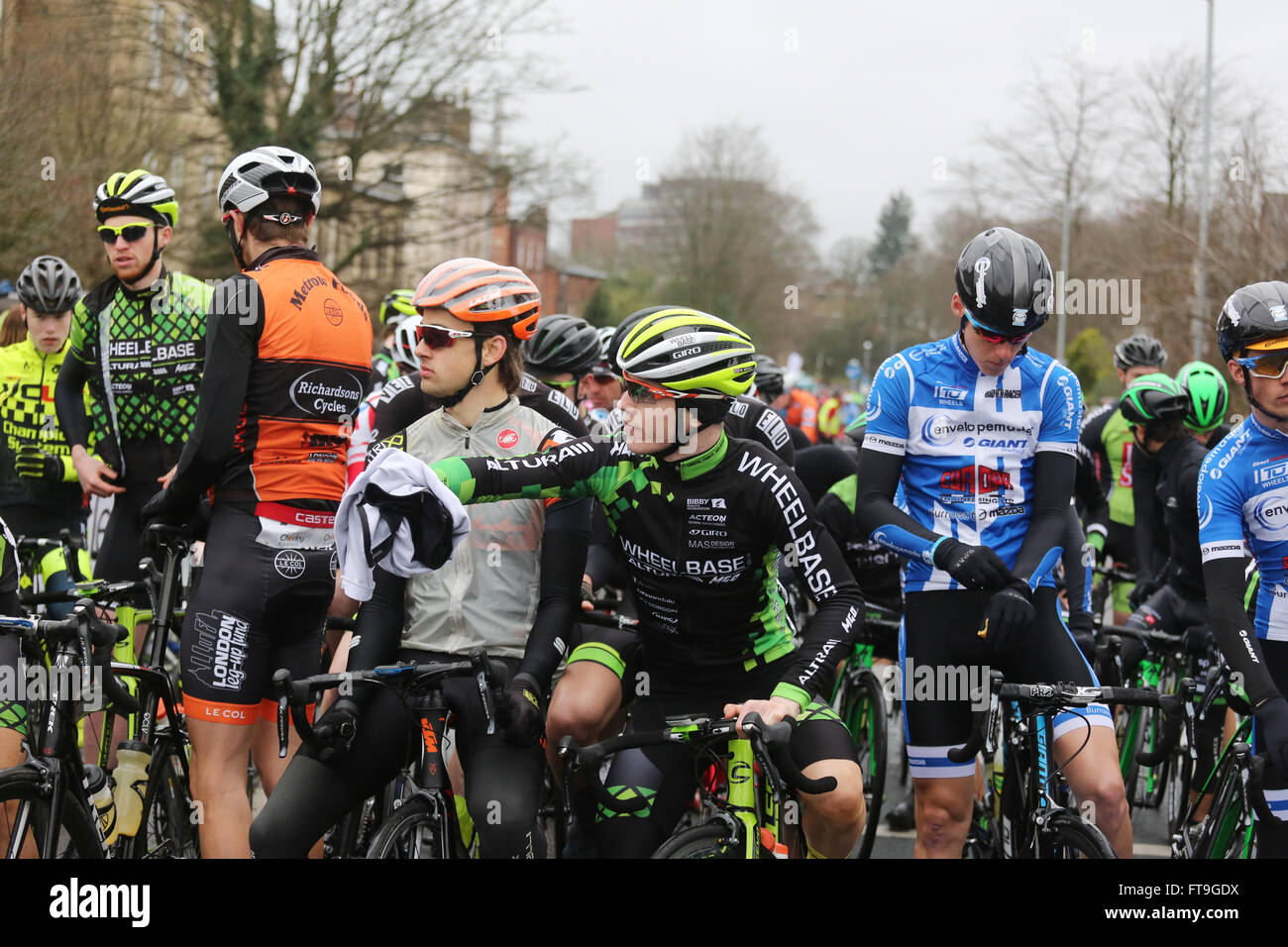 Chorley, UK, 26th March 2016. Elite cyclists preparing for set of in ...