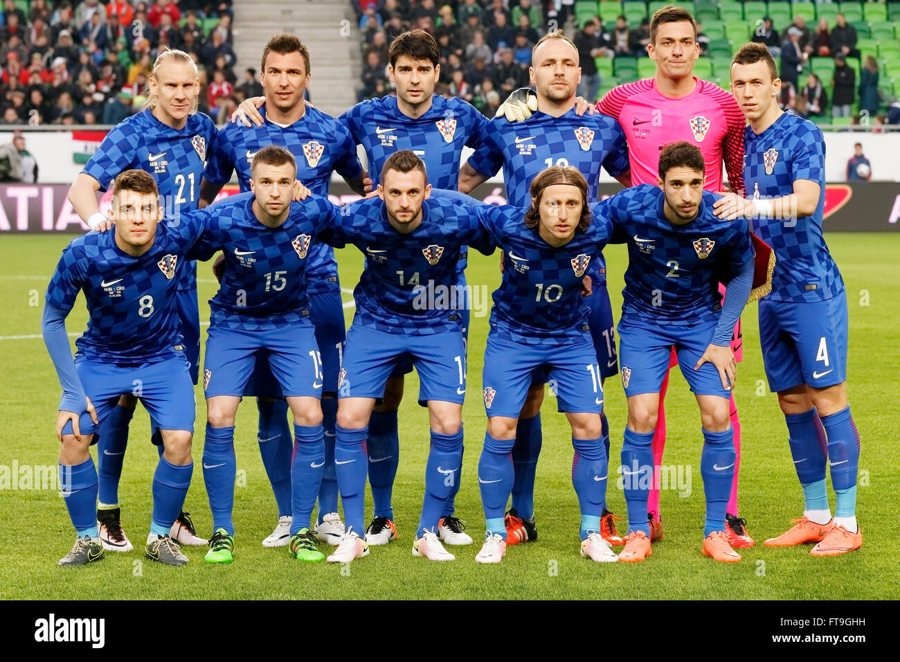 Budapest, Hungary. 26th March, 2016. Croatian team during Hungary vs. Croatia international friendly football match in Groupama Arena. Upper row (from left): Domagoj Vida, Mario Mandzukic,Vedran Corluka,Gordon Schildenfeld, Lovre Kalinic,Ivan Perisic; lower row: Mateo Kovacic, Domagoj Antolic, Marcelo Brozovic, Luka Modric, Sime Vrsaljko. Credit:  Laszlo Szirtesi/Alamy Live News Stock Photo