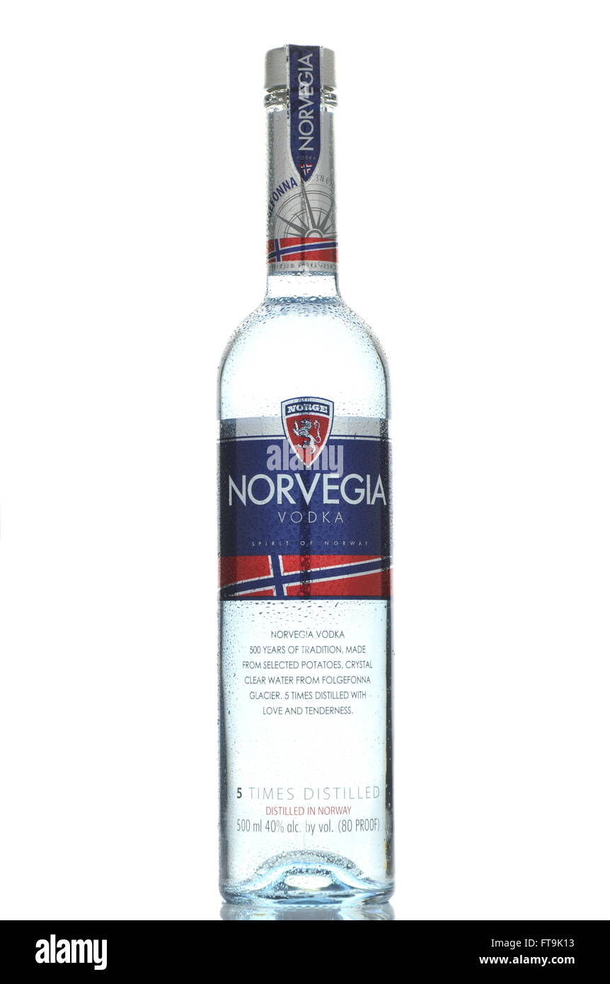 Norvegia premium vodka isolated on white background. Norvegia vodka is 5 times distilled. Stock Photo