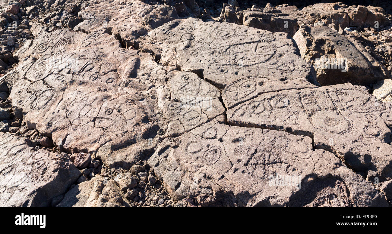 Complex Rock Drawings. Petroglyphs scratched into the soft volcanic ...