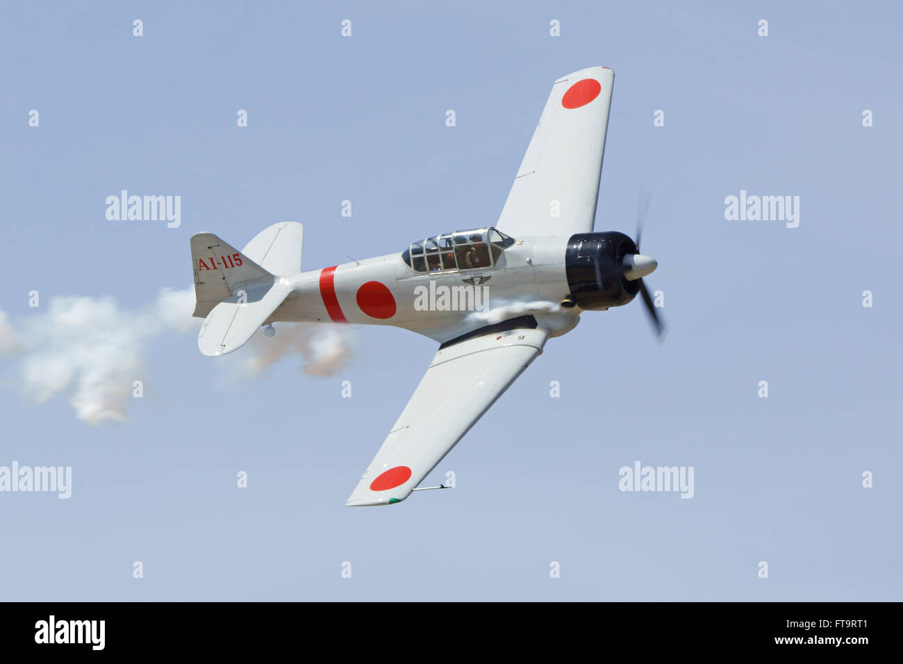 Airplane WWII Japan Zero fighter vintage aircraft flying at 2016 Los Angeles Air Show in California Stock Photo