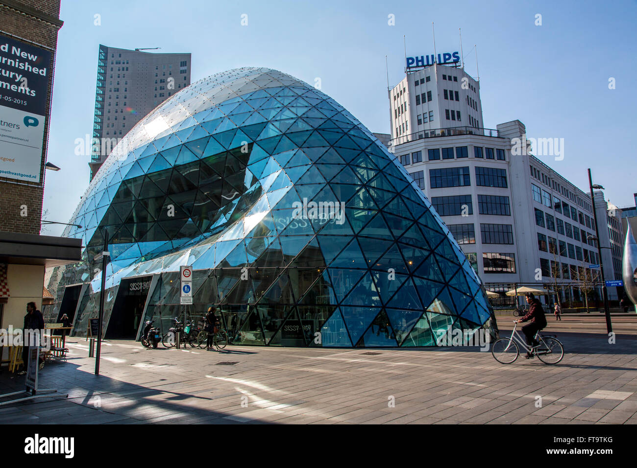 Commercial buildings with modern architecture, BLOB, Binary Large Object, in downtown Eindhoven, The etherlands, Stock Photo