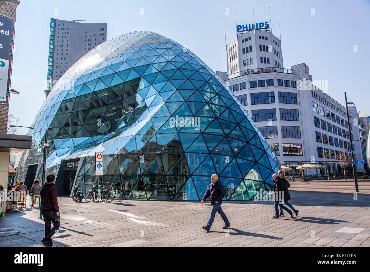 Commercial buildings with modern architecture, BLOB, Binary Large Object, in downtown Eindhoven, The etherlands, Stock Photo