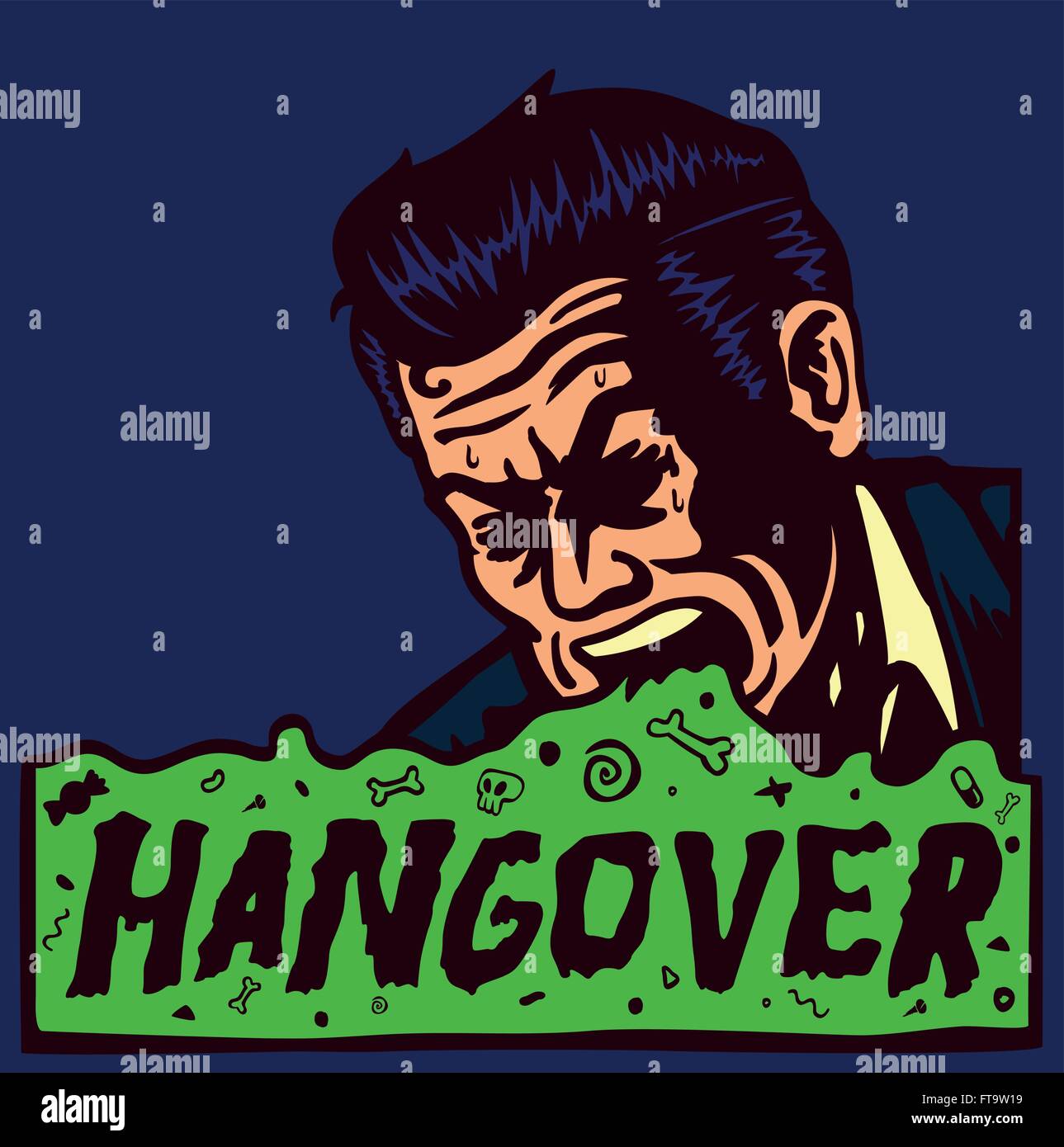 Hangover day after party, drunk sick vintage man vomiting, throwing up, alcohol abuse Stock Vector