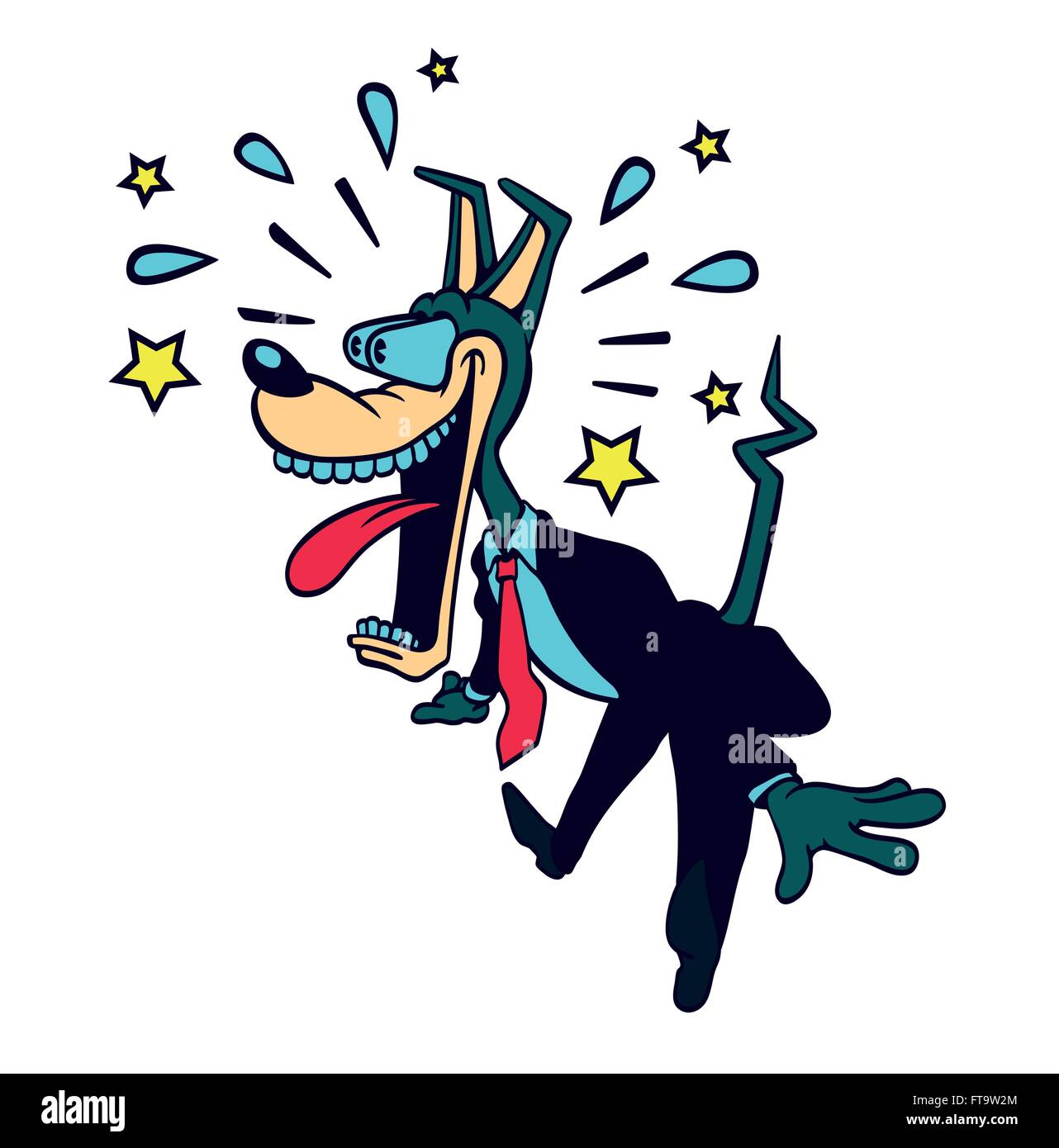amazed and surprised cartoon dog in suit and tie jumping and goggling for excitement, 40s cartoon style vector illustration Stock Vector