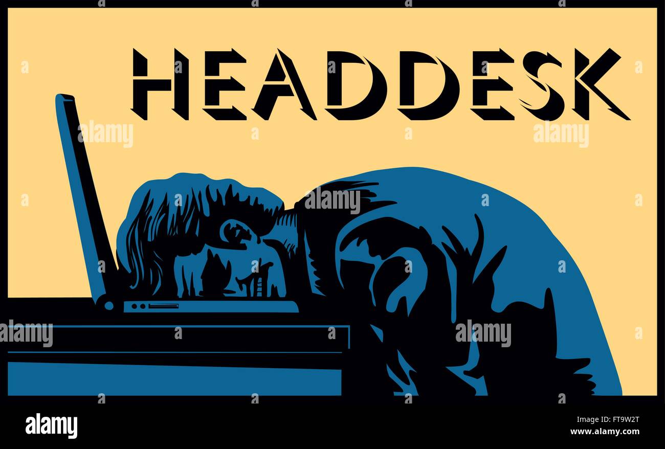 Head desk! Stressed businessman banging head against desk in frustration vector illustration, burnout, dead end Stock Vector
