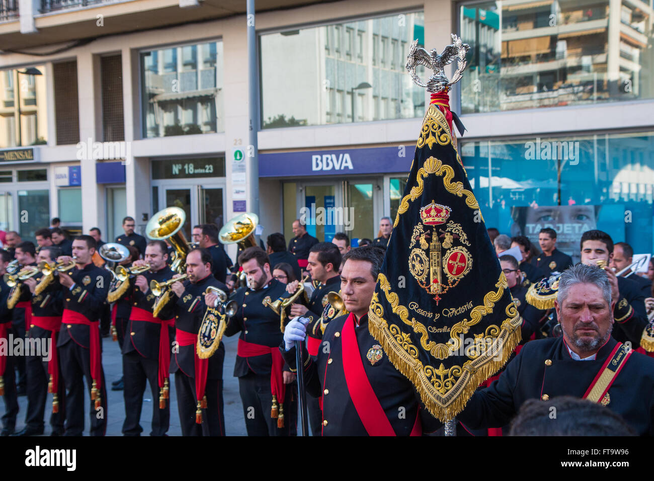 Brass band performing as part of Semana Santa Stock Photo